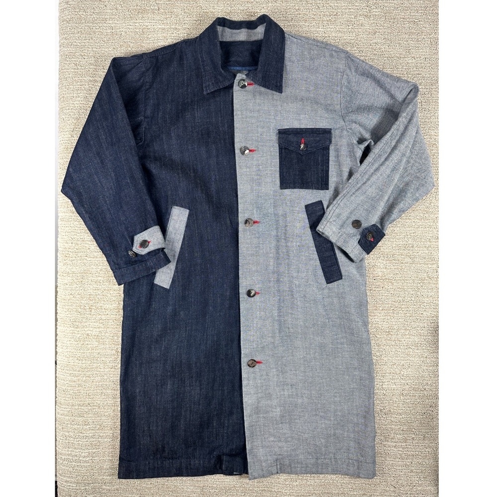 Two Tone Denim Long Coat Blue Grey Colorblock Button Up Duster‎ Jacket